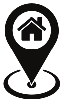 A black icon depicting a location marker with a house symbol inside, indicating a place of residence.