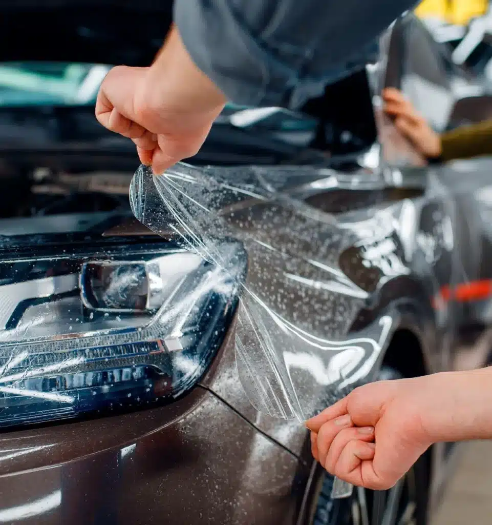 Two individuals applying protective film to the front of a brown vehicle, focusing on the headlight area. The process involves carefully smoothing out the film to avoid bubbles.