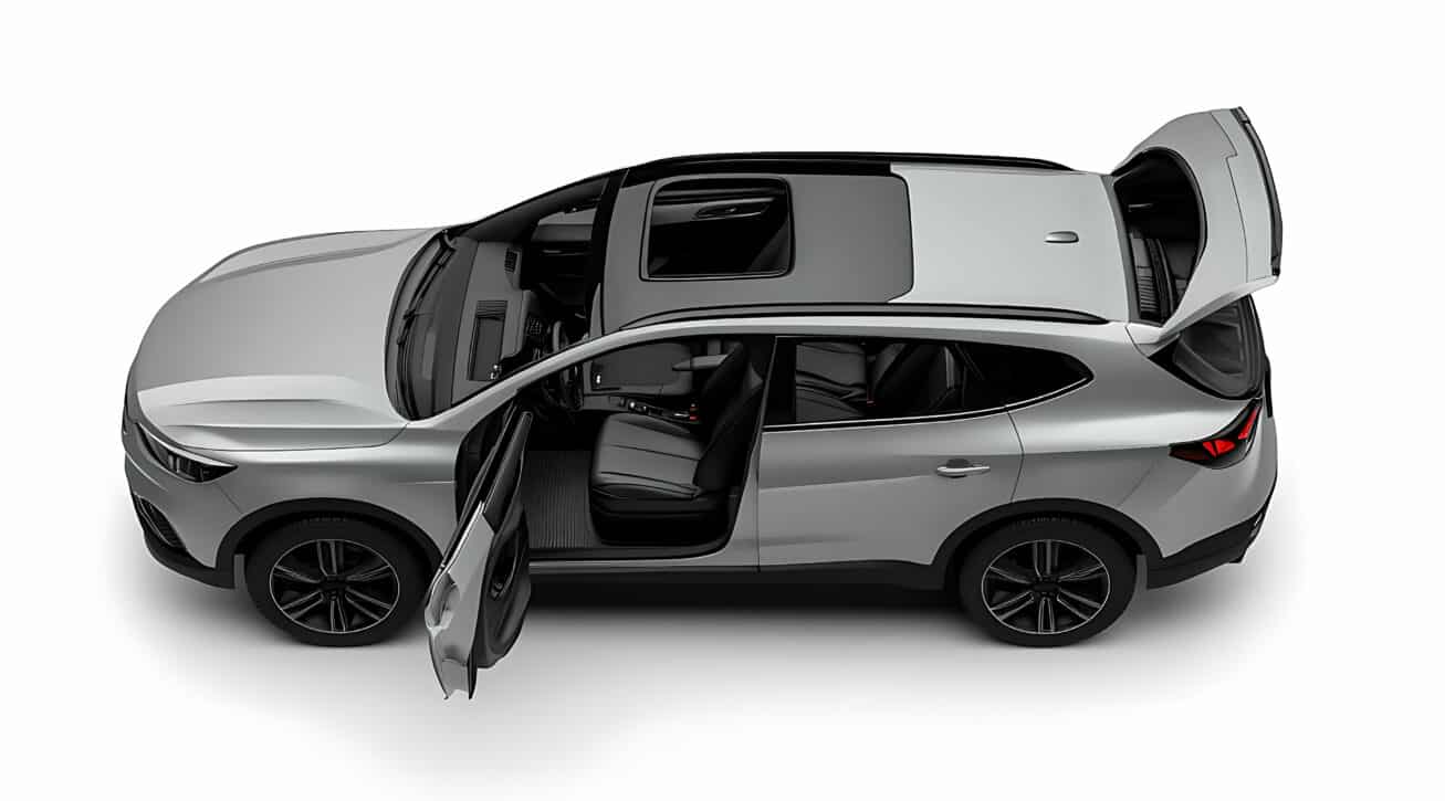 An overhead view of a silver SUV with one front door and the rear hatch open, showcasing the black interior and sunroof.