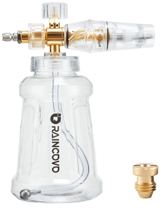 A clear spray bottle with a golden nozzle and a transparent tip, labeled "RAINCOVO," positioned next to a brass adapter fitting. The design features a transparent body for easy visibility of contents, suited for cleaning or detailing applications.