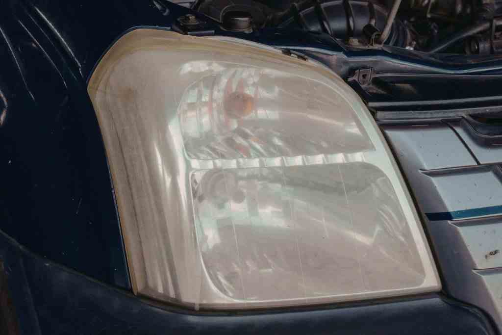 A close-up of a car's front headlight, showing a slightly cloudy and discolored lens. The headlight is mounted on a blue vehicle with a glimpse of the engine compartment visible in the background.