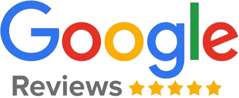 The image features the Google Reviews logo, displaying the word 'Google' in blue, red, yellow, and green letters. Below, 'Reviews' is written in gray, accompanied by five yellow stars, indicating a high rating.