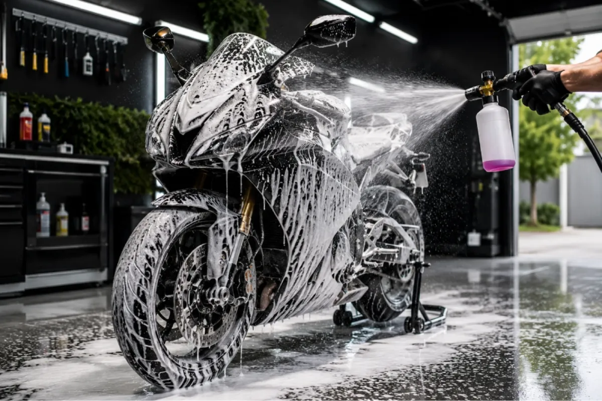 Sport motorcycle covered in foam during detailing.