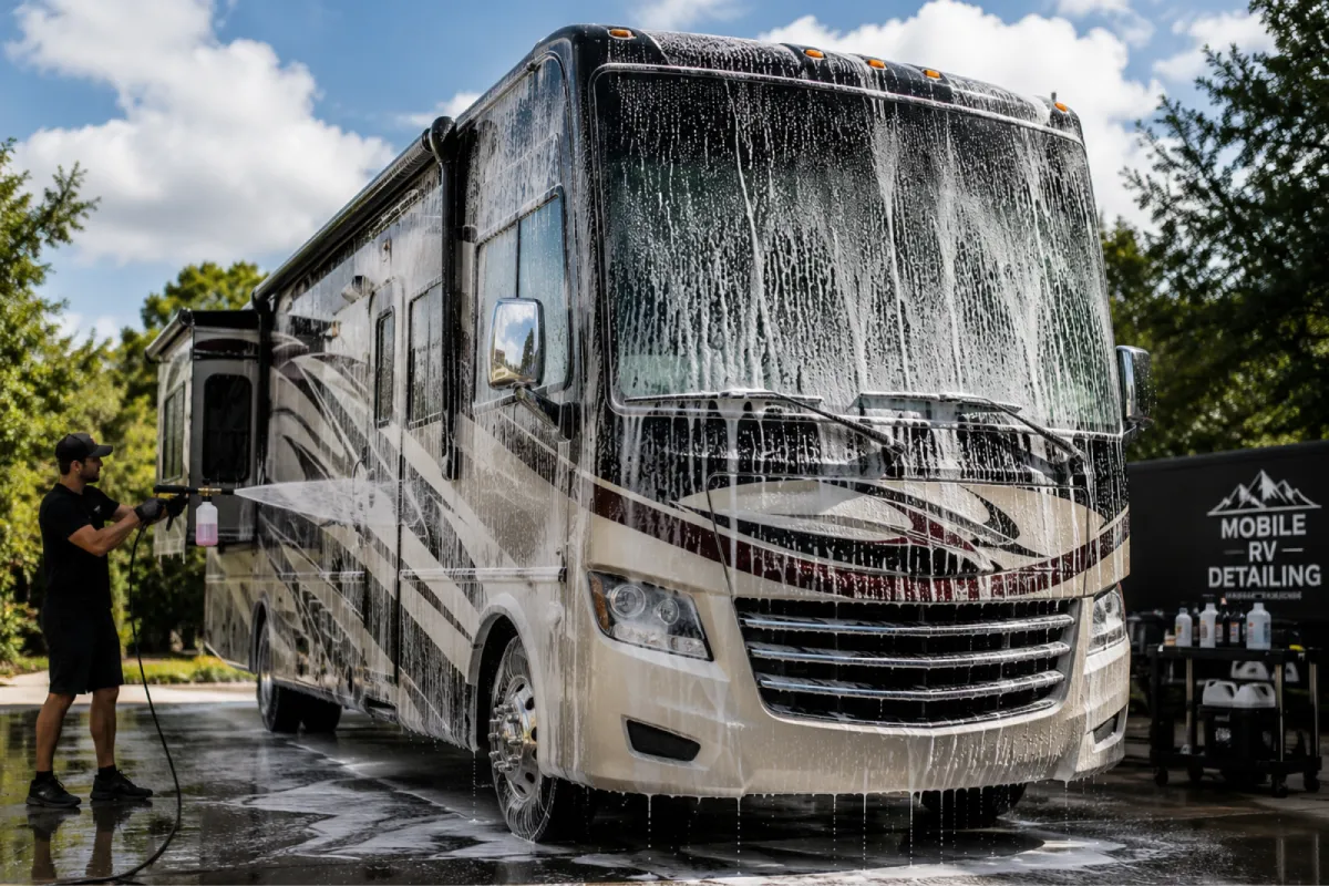 RV exterior covered in foam during mobile RV detailing.